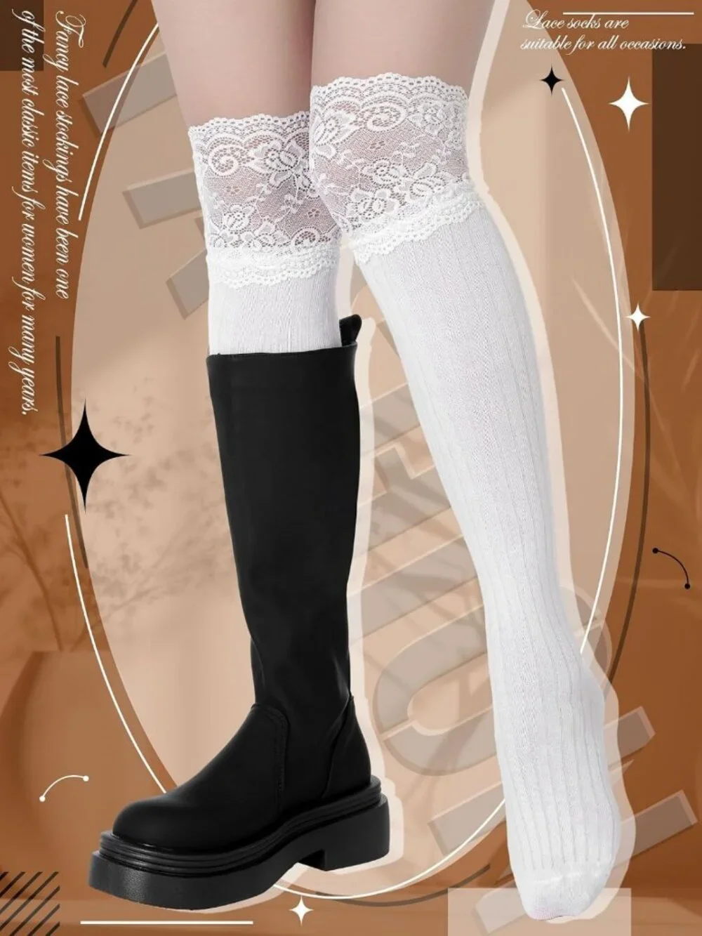 Knee High Lace Socks - 4 Pairs Women's Kawaii Long Stockings for Boots & Fashion